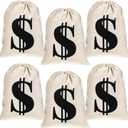 6 Pcs Large 11.8 x 15.7 Inches Money Bag Prop Canvas Drawstring Money Bag Dollar Sign Carrying Sack for Bank Robber Pirate Cowboy Cosplay Theme Halloween Party Favors(White)