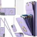 Asuwish Phone Case for Samsung Galaxy S21 5G 6.2 inch Wallet Cover with Tempered Glass Screen Protector and Wrist Strap Ring Stand RFID Blocking Credit Card Holder Cell S 21 21S G5 Women Girls Purple