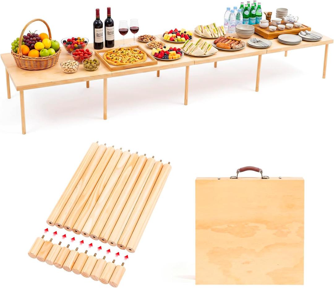 Leinuosen 120"x30" Boho Wooden Picnic Table, Portable Folding Outdoor Picnic Table with Adjustable Legs Height 13'' & 16'' for Floor Seating, Beach, Camping, BBQ, Backyard, Seating for 8-12 People