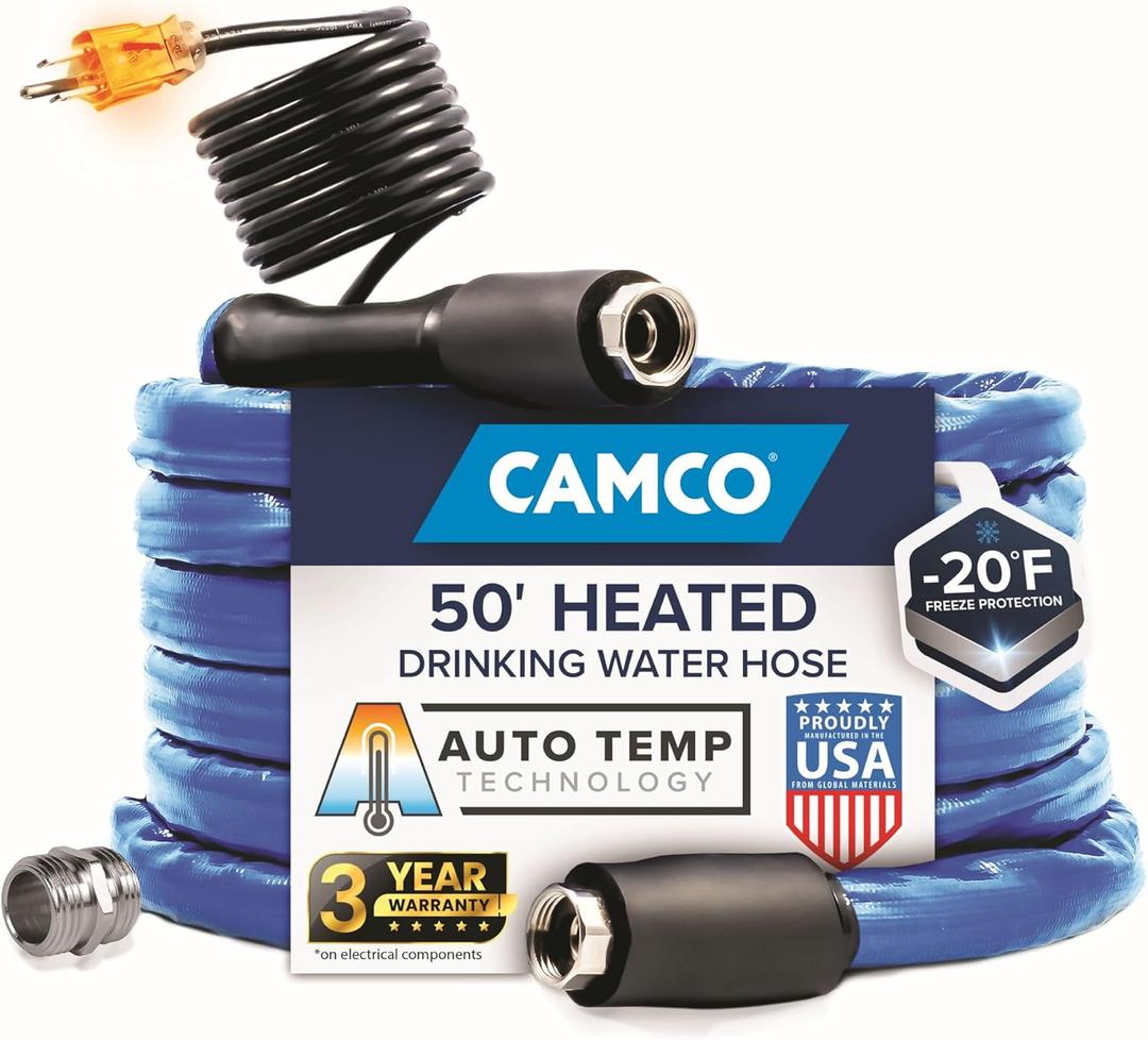 Camco 50' Heated Water Hose for RV  Prevents Freezing Down to -20  Certified For Drinking Water & Lead-Free  Great for Campers, Livestock, Agriculture, Kennels, etc.  5/8" ID (22912)