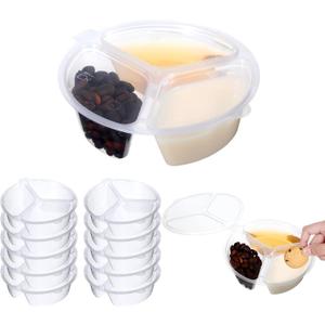 10 Pcs 3 Compartment Snack Container, Reusable Snack Containers With Lids, Transparently Portable Three-Compartment Dipping Sauce Box For Dips, Condiment, Fruits