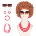 Yan Dream Women Short Curly Red Brown Wig and Glasses Pink Oversized Necklace Earrings Stacked Bracelets Set
