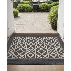 DEXI Front Door Mat 32x48, Washable Entryway Mat with Non Slip Backing, Low Profile Absorbent Moisture Dirt Trapper Entrance Floor Mats for Entry Inside House, Dark Grey