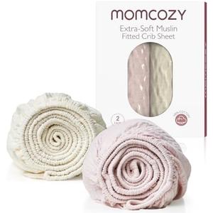 Momcozy Muslin Standard Fitted Crib Sheets, 52"x28", 2 Pack Soft Breathable Natural Cotton Baby Mattress Sheet, 360° Mattress Wrapping No Slip Boys Girls Neutral Toddler Bed Sheet, Beige Blush