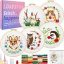 LOADSFUN 5 Pack Embroidery Kit for Beginners - Needlepoint Kits for Adults Step by Step Instructions with Video Tutorials, Full Craft Tool Set with Hoop, Needles and Threads (Cute Animal)