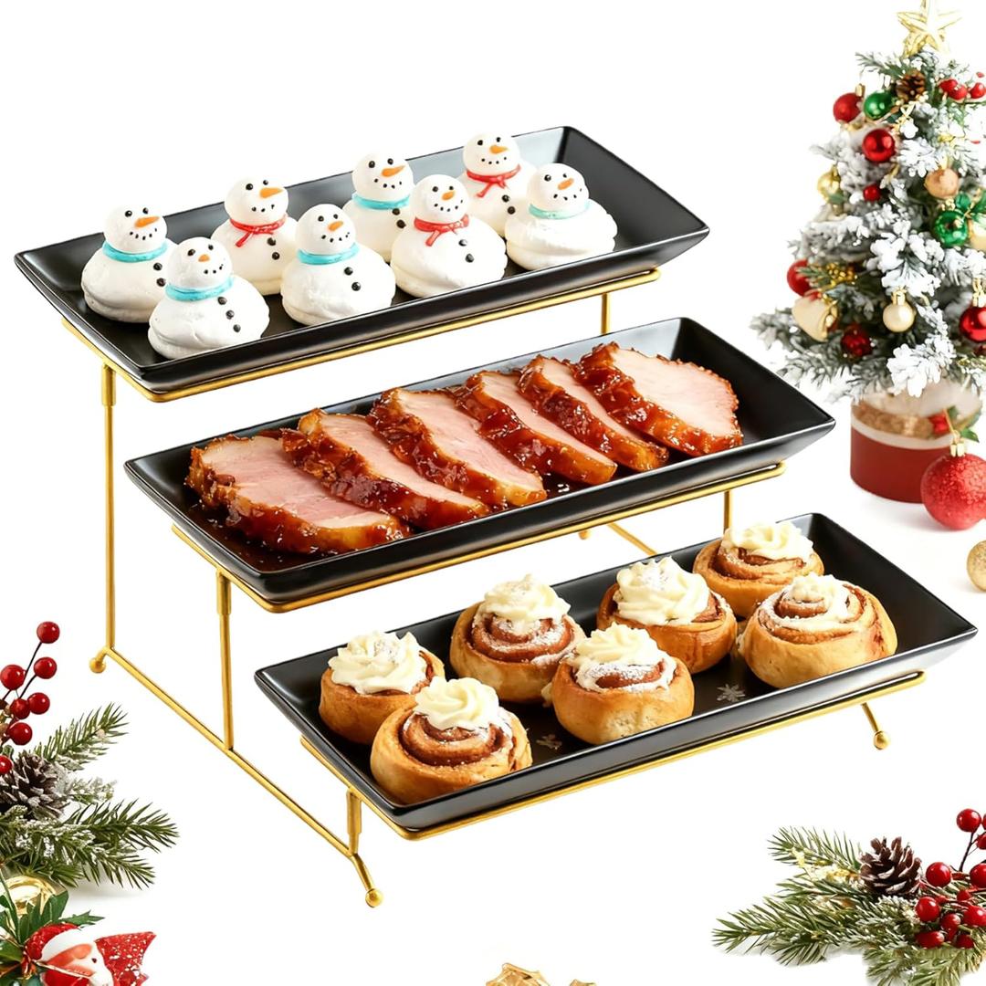 LYEOBOH 3 Tier Serving Tray Set, Tiered Serving Stand with Platters, Serving Dishes for Entertaining Halloween Christmas Party, Collapsible Sturdier Stand & 14 Inch Large Platters for Food Display (Black)