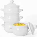French Onion Soup Bowls with Handles and Lids, 16 oz Ceramic Soup Crocks Oven Safe for Chilli, Cereal, Pot Pies, Microwave & Dishwasher Safe, Set of 4, White