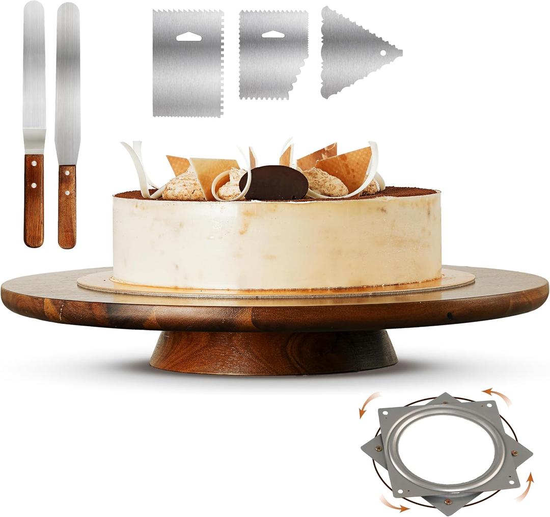 13" Acacia Cake Stand Rotating  Rustic Wood Pedestal Stands Turntable with 2 Icing Spatulas, 3 Smoothers  Wooden Spinning Cake Decorating Serving for Cupcake Dessert Display in Party, Wedding