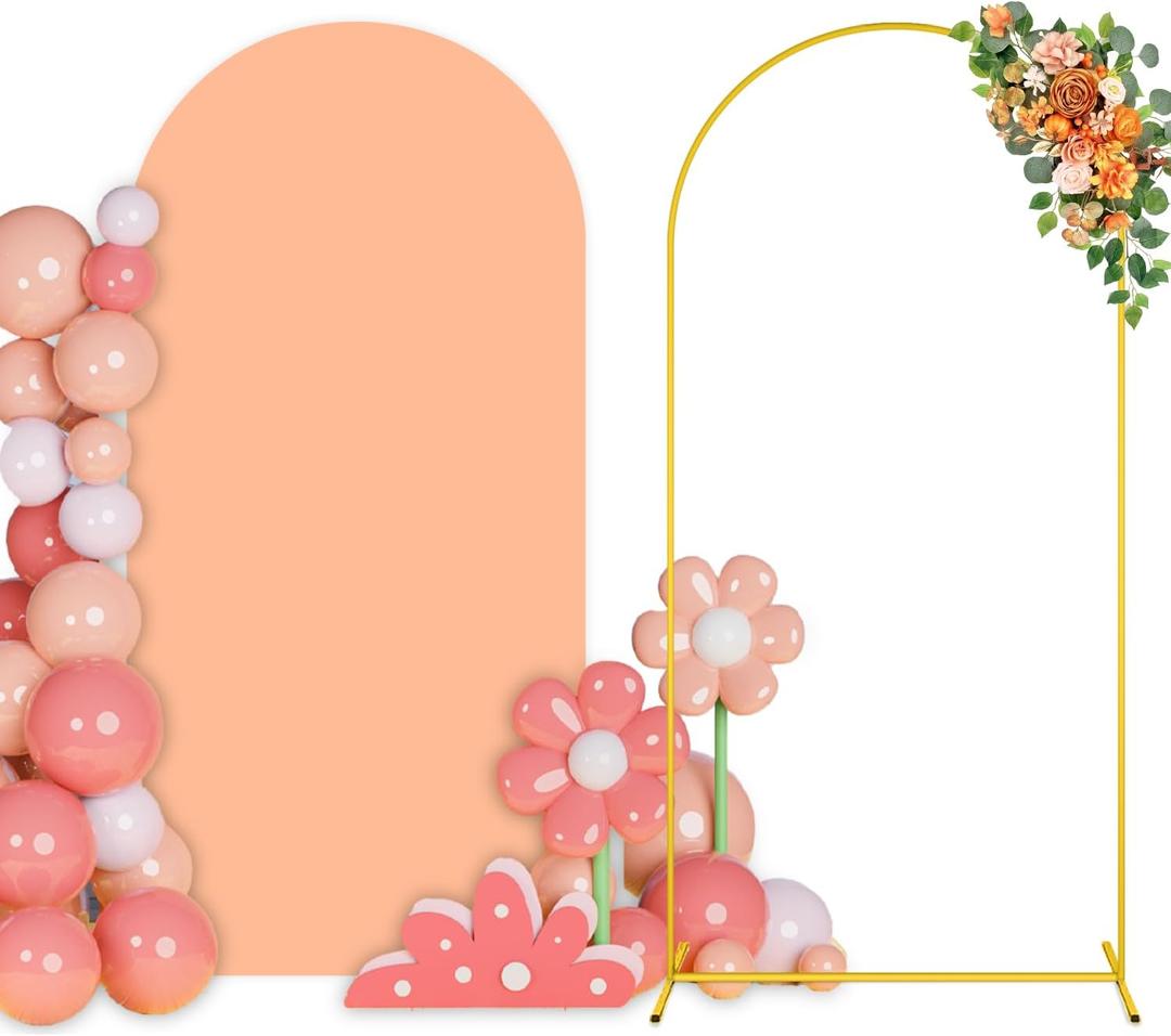 Metal Arch Backdrop Stand and Cover Set 7.2FT Gold Balloon Backdrop Arch Stand with Covers Peach Backdrops Covers Arch Spandex Arch Stands Cover for Birthday Party Banquet Graduation Decor