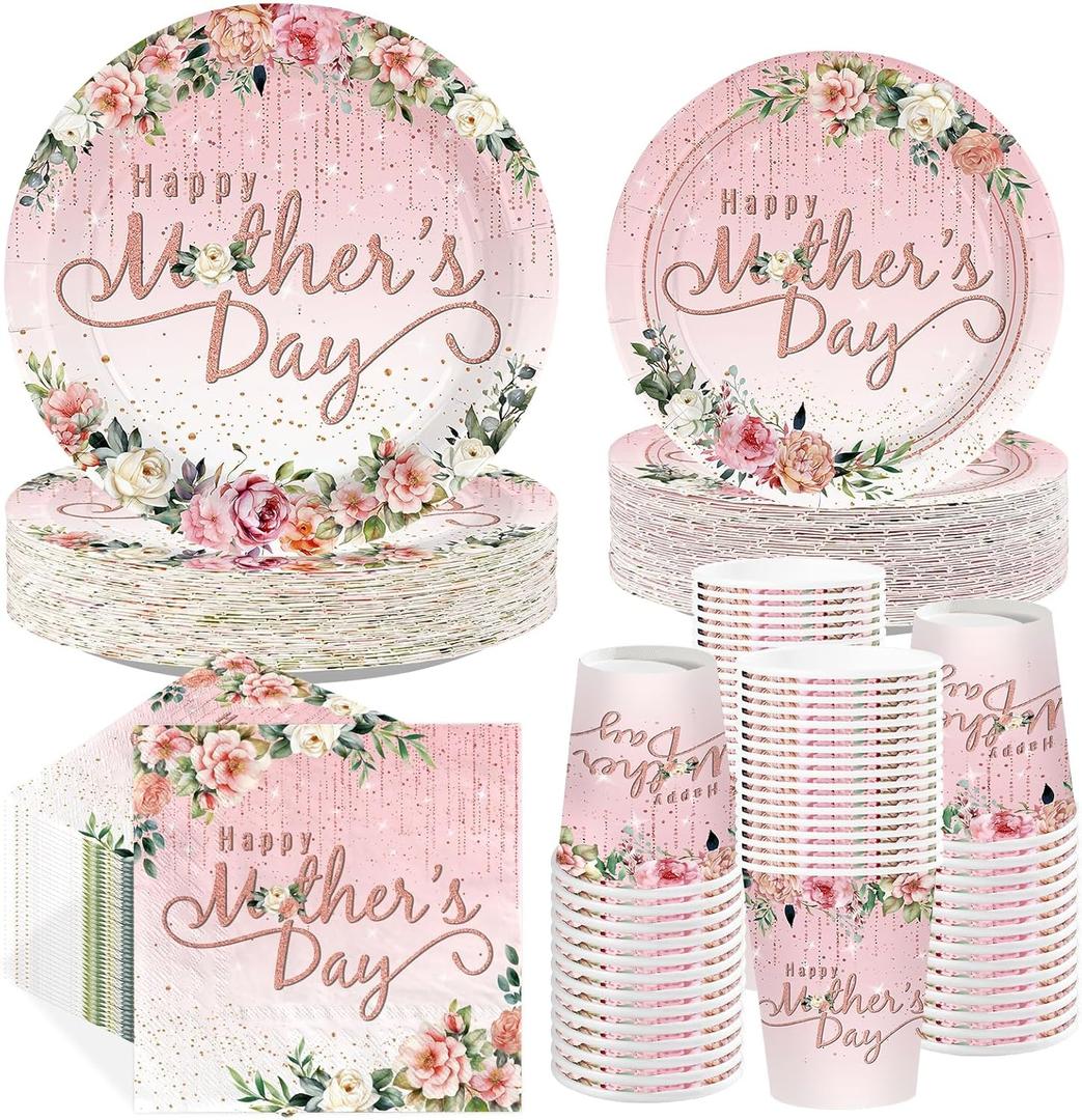 250Pcs Happy Mother's Day Party Supplies Pink Flowers Golden Plates and Napkins Golden Glitters Dots Floral Mom's Day Tableware Set for Thanks Mother Party Supplies, Serves 50