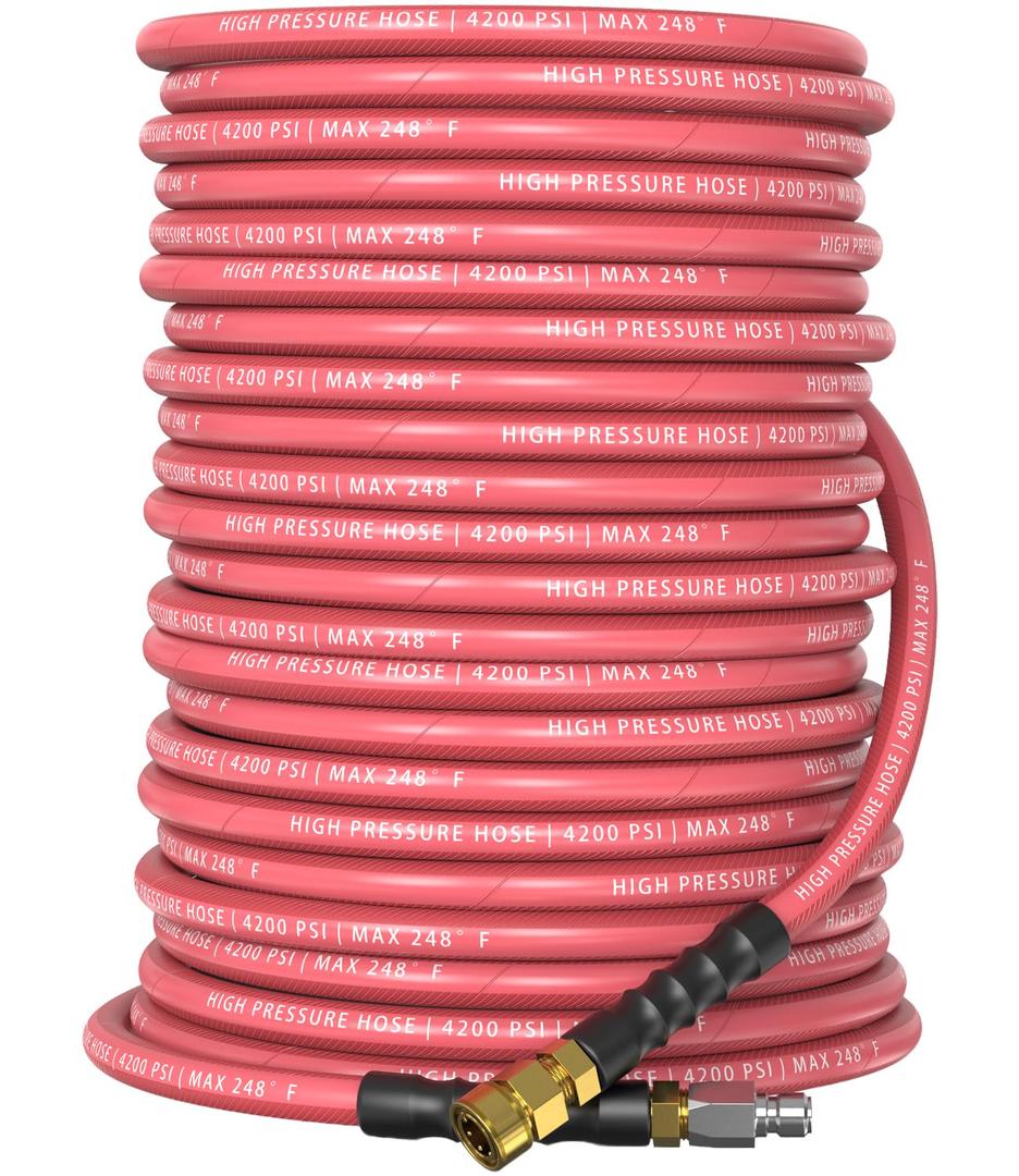 CADEGUO QC Installed Pressure Washer Hose 50 ft, 4200 PSI Flexible & Kink-Resistant, Steel-Braided & Durable, Power Washer Hose with 3/8" 360° Swivel Quick Connect, Hot/Cold Water Compatible, Red