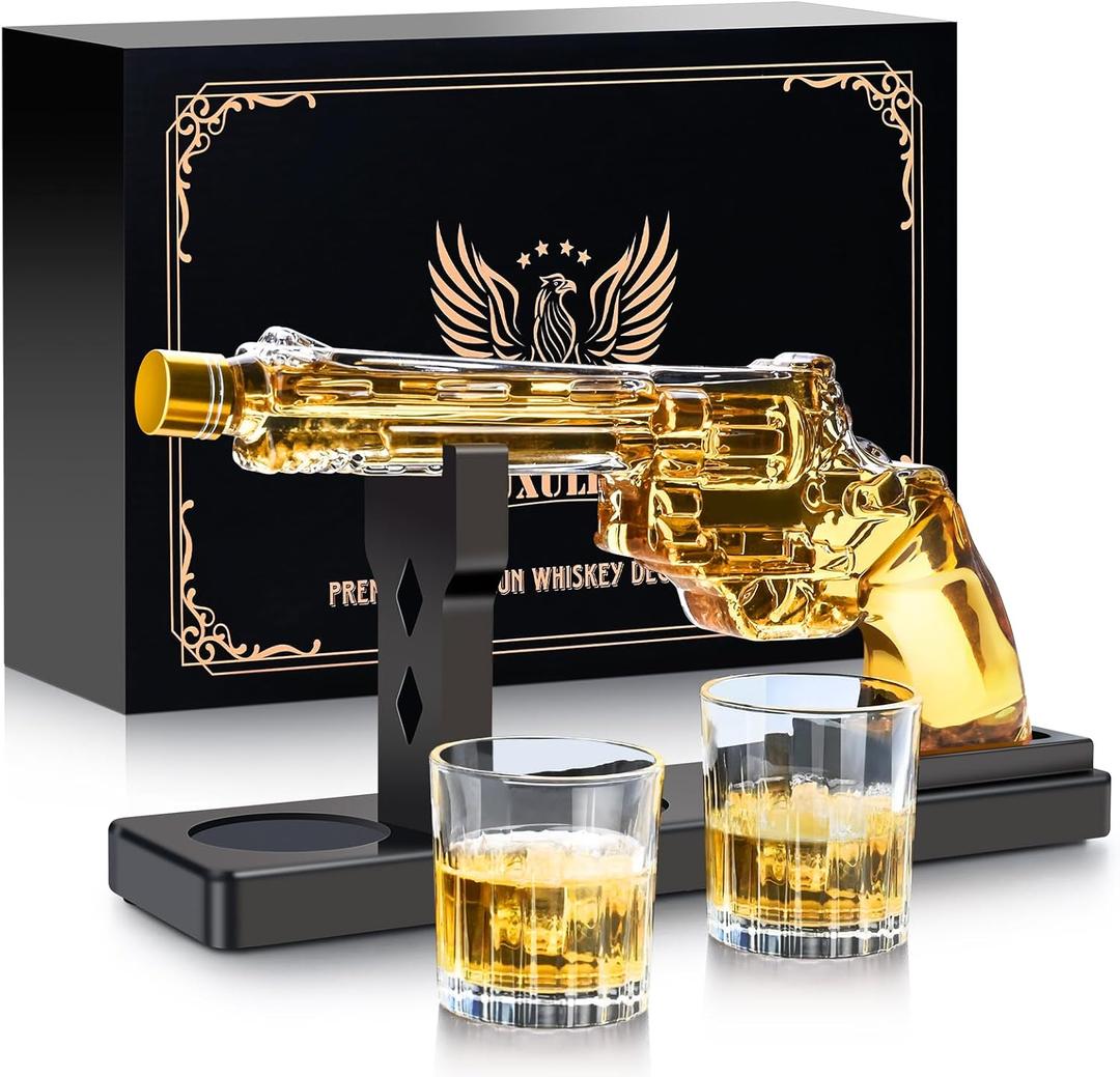 Whiskey Gun Decanter Sets for Men, Liquor Decanter Set with Two Shot Glasses, Cool Birthday Anniversary Stuff Gifts for Him, Dispenser for Liquor