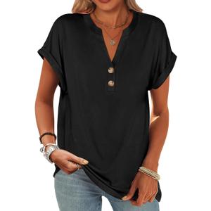 ANRABESS Womens Short Sleeve Henley Tops V Neck Dressy Casual Blouses Summer Trendy Tee Shirts 2025 Vacation Fashion Clothes (X-Large, Black)