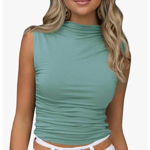Tankaneo Womens Sleeveless Mock Turtleneck Tank Tops Slim Fitted Ruched Crop Top Shirts S