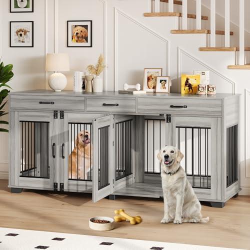 Garvee 71 Inch Large Dog Crate Furniture for 2 Dogs, Wooden Double Dog Crate Large Breed with Door, Dog Kennel Indoor, TV Stand End Table with Divider for Large Medium Dogs,Grey