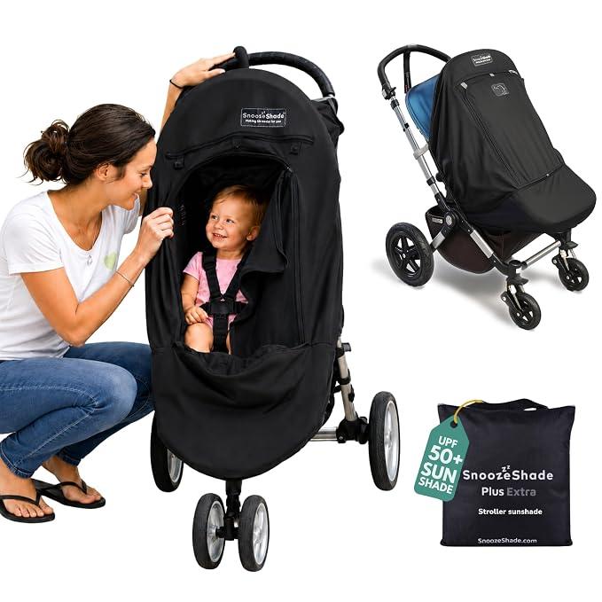 SnoozeShade Plus Extra, Stroller Sun Shade, Mosquito Net for 6m+ Babies, Blocks 99% of UV (UPF 50+) Universal Fit Blackout Sleep Cover with Peekaboo Window, Breathable Mesh Canopy for Single Strollers