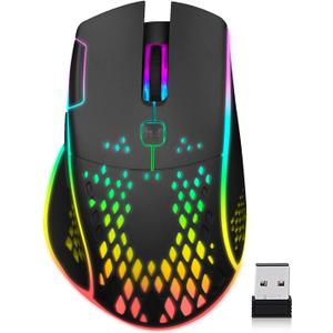 VEGCOO Wireless Gaming Mouse, C30 Silent Click Wireless Rechargeable Gaming Mouse with Double-Click Key and Colorful LED Lights, 3 Level Adjustable DPI, 400mah Lithium Battery for Gaming and Working (Black)