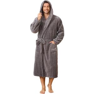 U2SKIIN Mens Plush Fleece Hooded Robe, Soft Warm Long Bathrobe with Pockets, Cozy Spa Shower Robe for Men (Small-Medium, Dark Grey Stripe)