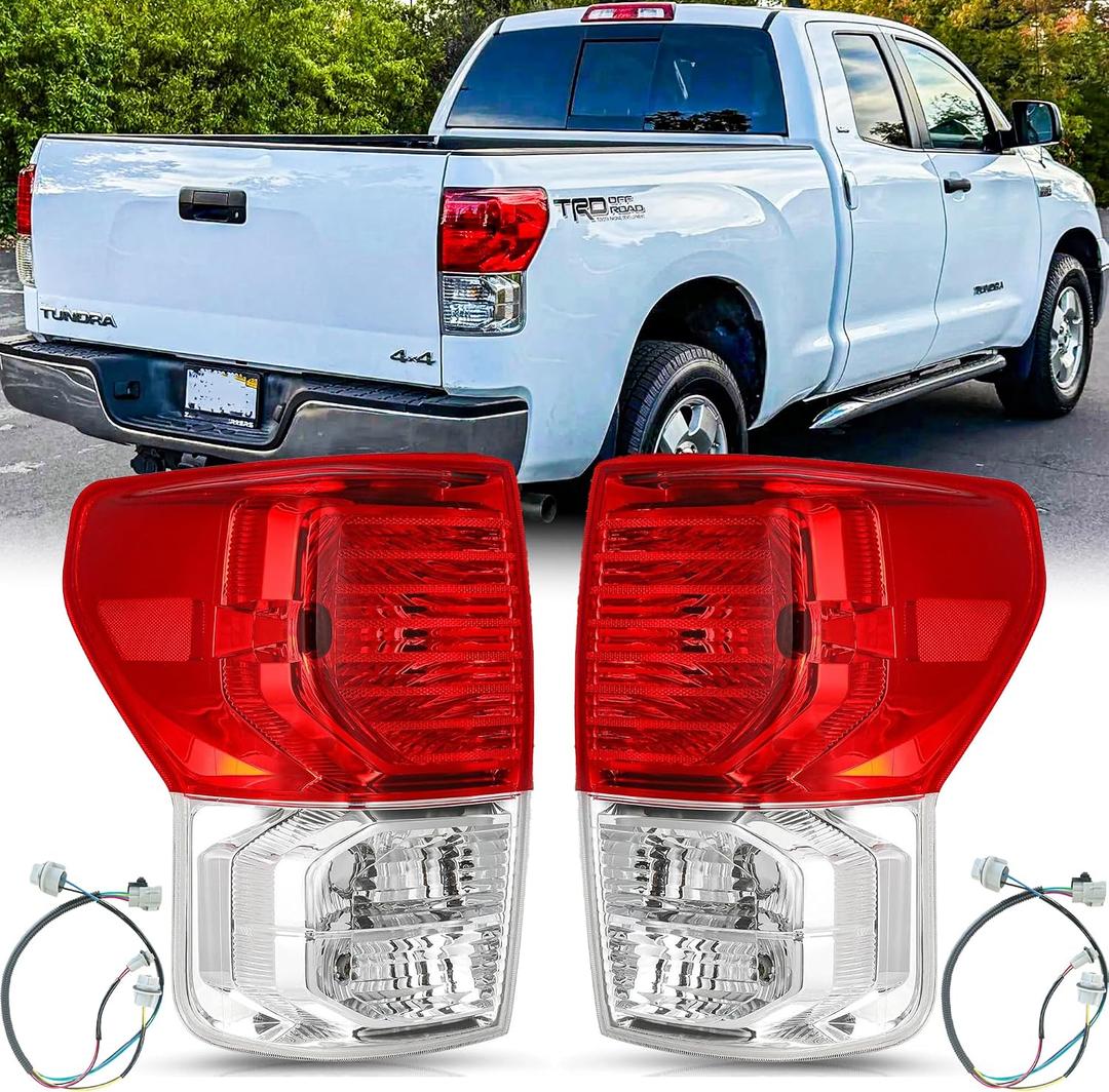 Tail Lights Assembly Pair with Wiring Harnesses for 2007 2008 2009 2010 2011 2012 2013 Toyota Tundra Red Taillights Rear Back Brake Lamps Left Driver and Right Passenger Side,Chrome Housing Clear Lens