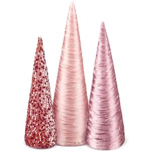 3 Pcs 14" 12" 10" Pink Christmas Cone Tree Decoration Velvet Pink Christmas Tree Cones Sequin Glitter Xmas Table Decor Farmhouse Xmas Ornament Tabletop Centerpiece for Holiday Winter Home Decor