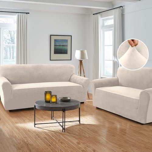 H.VERSAILTEX Stretch Velvet Couch Cover 2 Pieces Set Include 1 Piece Sofa Cover Couch Cover and 1 Piece Loveseat Cover Slipcover Crafted from Thick Comfy Rich Velour (Sofa + Loveseat, Ivory)