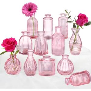 Pink Vase, Bud Vases Set of 12, Small Pink Glass Vases for Flowers Modern Ribbed Glass Bud Vase for Decor Wedding Flower Vase in Bulk Vintage Decor Bridal Shower Centerpieces Home Table Decoration