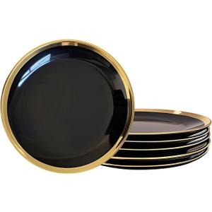 Dinner Plates, Set of 6, 8 inch, Black Porcelain with Gold Trim, Small Plates, Black Ceramic Plates, Ideal for Desserts and Appetizers