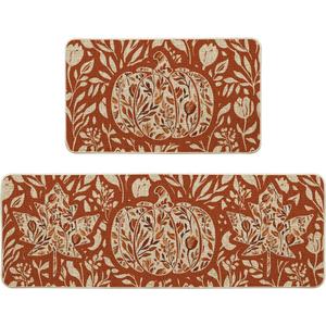 Artoid Mode Orange Flower Pumpkin Fall Kitchen Mats Set of 2, Autumn Home Decor Low-Profile Kitchen Rugs for Floor - 17x29 and 17x47 Inch