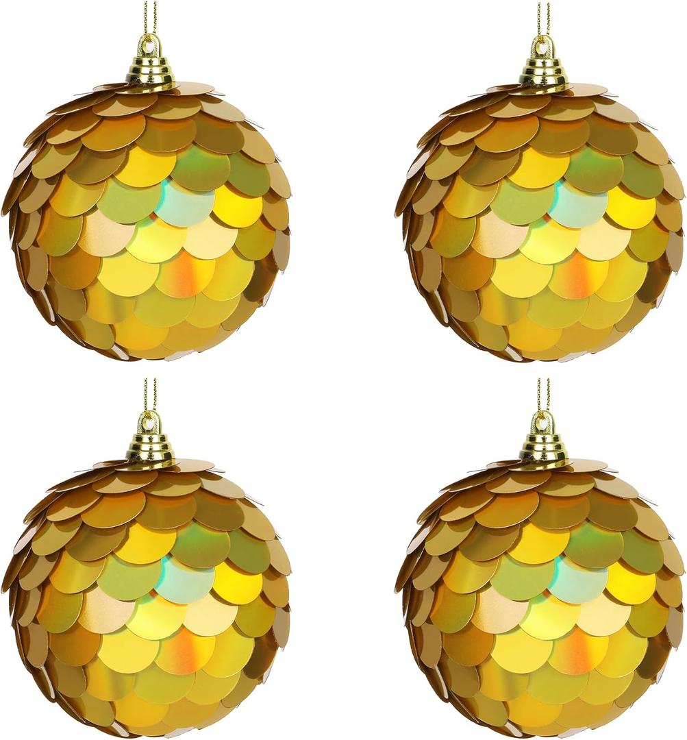 Christmas Tree Decorations Ornament,Reflective Paillette Xmas Ball Decor, 4PCS Iridescent Handcrafted Sequin Ball Set,Decorations for Holiday, Party, Home Décor (Solara Gold, 3.15 Inches)