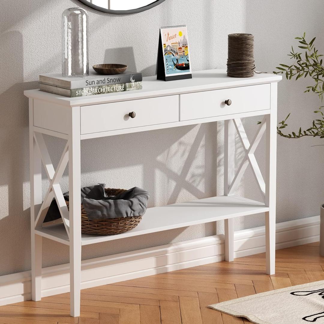 ChooChoo Console Table with Drawers, Narrow Wood Accent Sofa Table Entryway Table with Storage Shelf for Entryway, Front Hall, Hallway, Living Room, White (11.8"D x 39.4"W x 31.5"H)