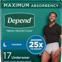 Depend Fresh Protection Adult Incontinence Underwear for Men, Disposable, Maximum, Large, Grey, 17 Count, Packaging May Vary