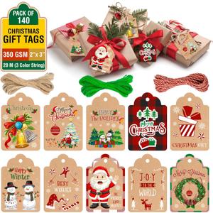6 x Christmas Gift Tags 140 Packs-Christmas Tags with Twine String to Hang, Kraft Paper Tags 350 GSM & Christmas Tags for Gifts in Christmas Decorations & Name Labels with Holes Brown, Red, White & Green.