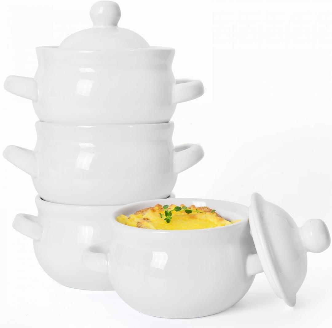 French Onion Soup Bowls with Handles and Lids, 16 oz Ceramic Soup Crocks Oven Safe for Chilli, Cereal, Pot Pies, Microwave & Dishwasher Safe, Set of 4, White