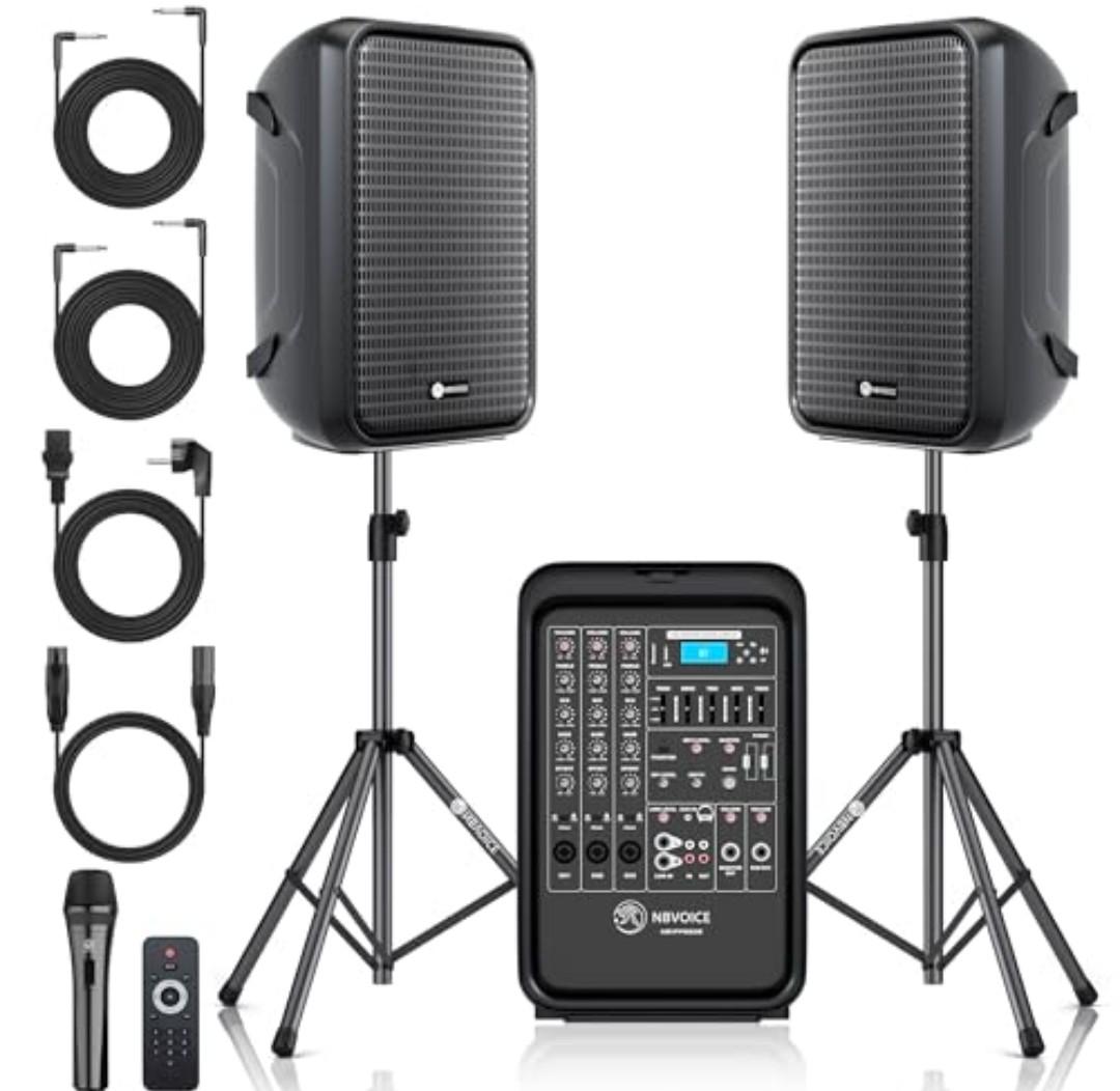 NBVOICE Professional Portable All-in-One Integrated 2-Way PA System Fixed Setup, Suitcase Design w/ 8-Channel Mixer, 2 Speaker Stands, Bluetooth, Mic for Performances, Presentations