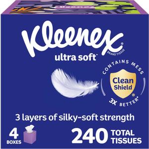 Kleenex Ultra Soft Facial Tissues, 4 Cube Boxes, 60 Tissues per Box, 3-Ply (240 Total), Packaging May Vary