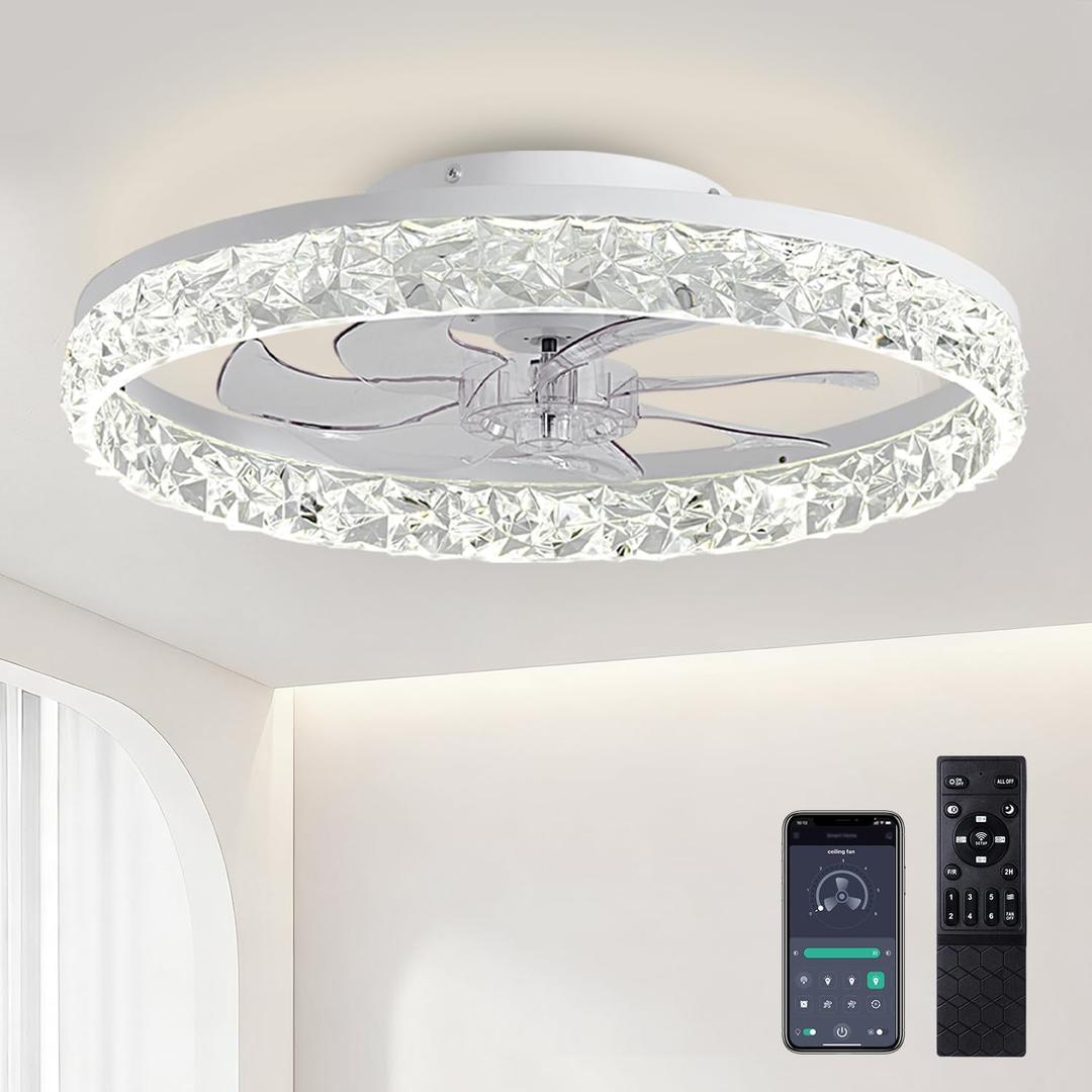 Ceiling Fans with Lights and Remote, 19.7" Low Profile Ceiling Fan with Light, 3000-6500K Dimmable, 6 Speeds and Stepless Color Temperature Change for Bedroom, Living Room and Kids Room(White)