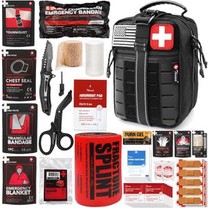 Survival First Aid Kit with Israeli Bandage, Chest Seal, Tourniquet, Splint, Tactical Military Combat Molle IFAK for Wound Care, Bleeding Control, Trauma Hemorrhage and More (Black)