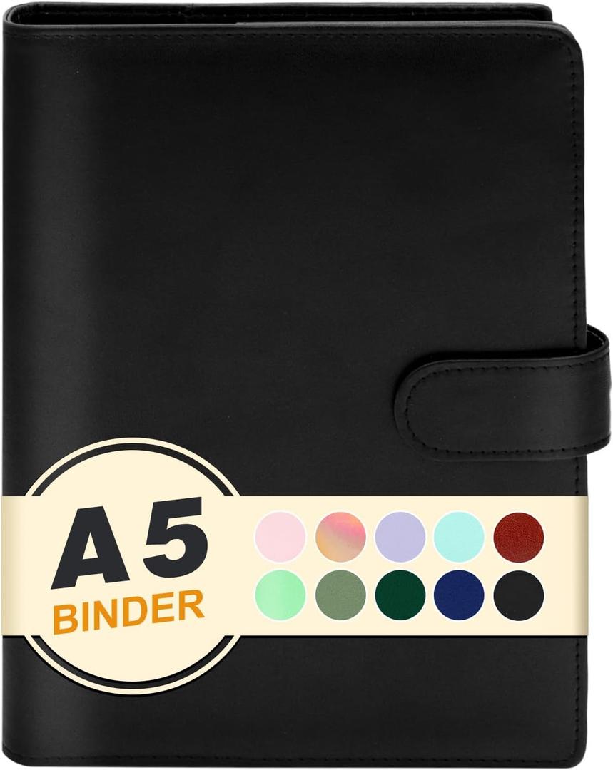 A5 Binder 6 Ring,Mini Photocard Binder for A5 Filler Paper, Loose Leaf Personal Planner with Magnetic Buckle Closure(Black)