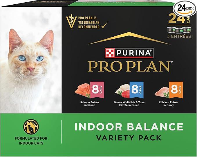 Purina Pro Plan Indoor Balance Chicken, Salmon, and Ocean Whitefish and Tuna Cat Food Wet Entrees Variety Pack - 24 ct. Can