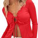 CSDAJIO Women's Lace Open Front Tie Long Sleeve Deep V Neck Crop Top Sexy Ruffle Trim Going Out T Shirt Size S