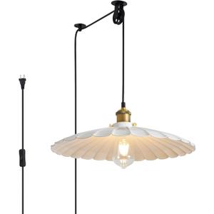Hanging Lamp Plug in White 15.7 Inch Metal Lampshade Pendant Light Adjustable Cord Pendant Light Plug in Industrial Hanging Lights Farmhouse
