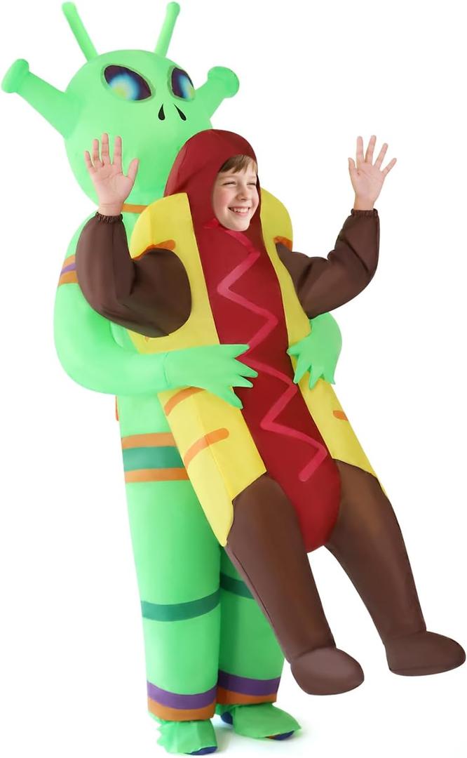 Inflatable Alien Costume Kids, Funny Halloween Costumes for Kids, Hot Dog Alien Halloween Costume for Halloween Fancy Party Cosplay, Children's Universal Size Green