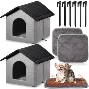 Cinnvoice 2 Sets Outdoor Cat Shelter with Self Heating Cat Pad Included 15.8 Inch Waterproof Stray Shelter Warming Pad Outside Pet Cave with Tent Stakes for Wild Animal Dogs(Black/Gray)