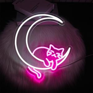 Moon Cat Neon Sign Girl Room Decor Led Neon Lights Signs for Wall Decor USB Powered Led for Room Decoration, Medium