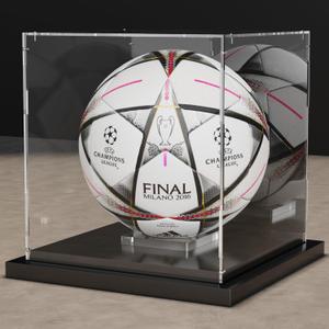 Soccer Ball Display Case Clear Acrylic Display Case Box with Mirror Back and Black Metal Grooved Base Stackable Holder with Removable Built-in Soccer Ball Stand for Sports Collectibles