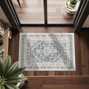 Entryway Rug - 2x3 Washable Rug Runner for Bathroom, Laundry Room, Kitchen, Soft Vintage Hallway Runner for Bedroom, Non-Slip Door Mat Indoor Entrance(Blue/Beige,2'x3')