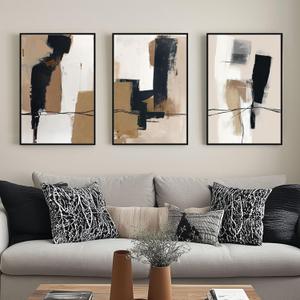 SAFERRYHOME Neutral Abstract Wall Art Tan and Black Framed Canvas Print Set, Mid-Century Modern Brown Minimalist Shapes for Living Room, Bedroom, Office - Ready to Hang - Set of 3, 16x24 Inch