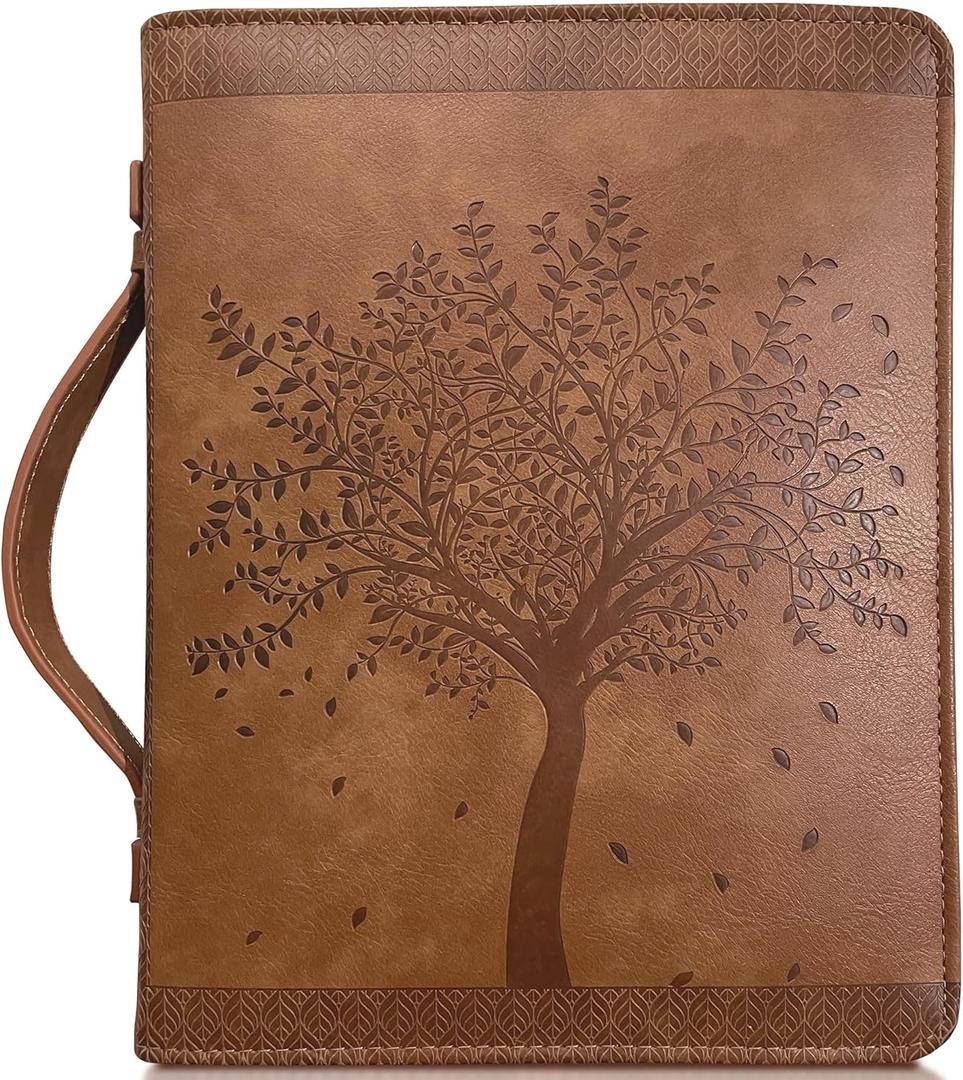 Angel Treasures Bible Cover with Engraved Tree of Life Design| Genuine Faux PU Leather Book Protector Case with Handle, Zipper, Pockets & Pen Slots