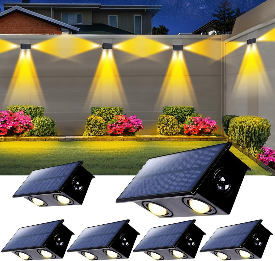 6 Pack 3-Side Solar Fence Lights Outdoor Waterproof with Warm White LED Spot Lens, for Wall, Deck, Patio, Yard, Rail, Garage, Pool, Designed for Enhanced Security, Easy Install