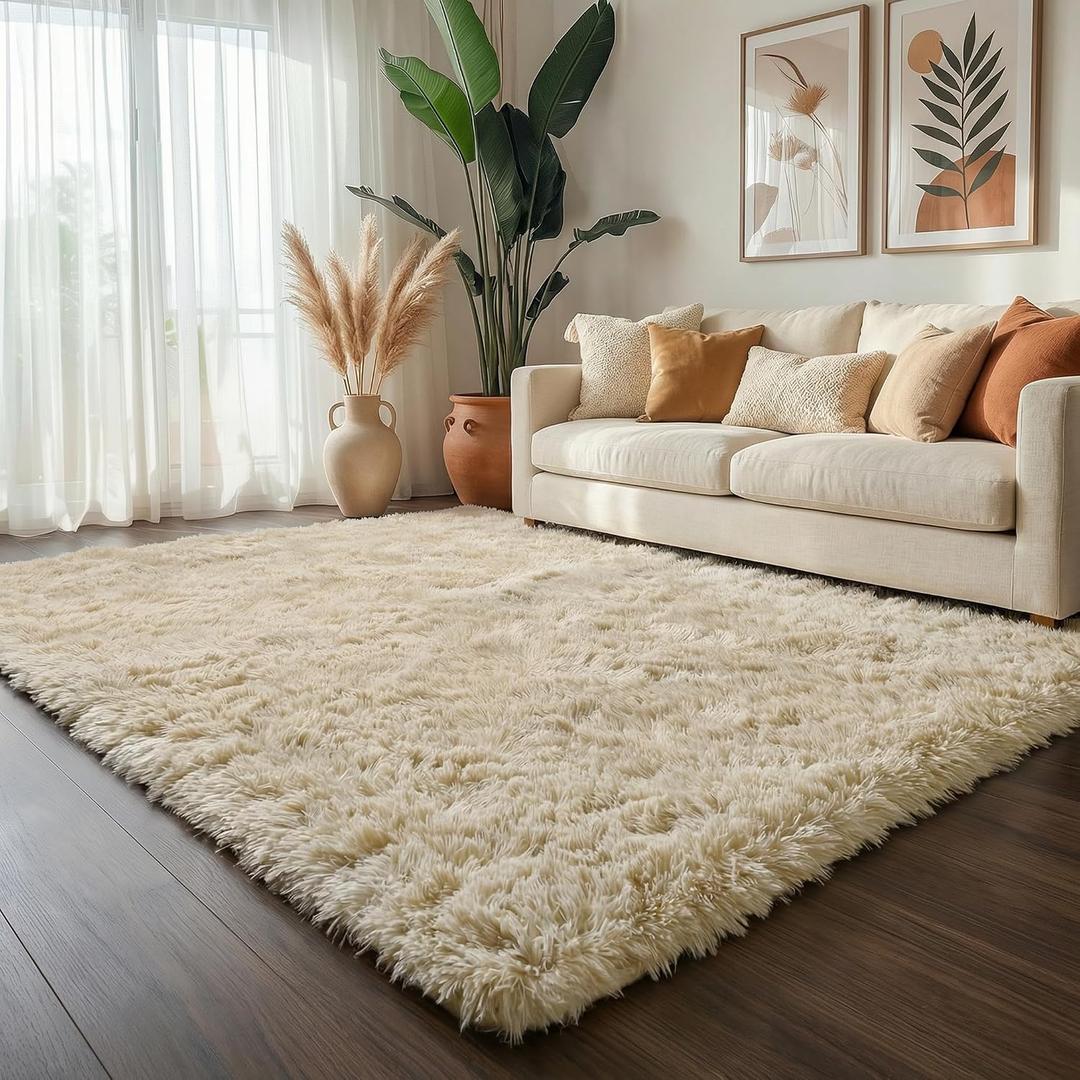 Amdrebio Beige Area Rugs for Bedroom Kids Room, 5x7 Fluffy Plush Shag Furry Cute Rug for Living Room Decor Aesthetic, Soft Shaggy Fuzzy Neutral Tan Carpet for Teens Baby Nursery Playroom Preppy Dorm